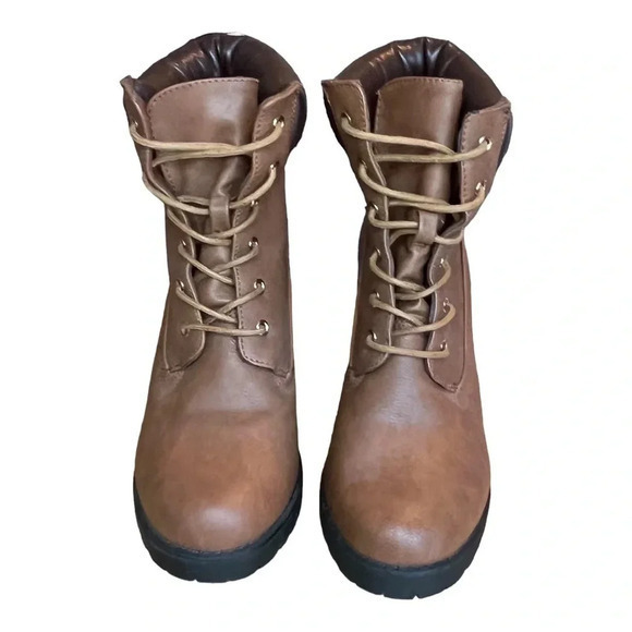 LOVE IMAGE WOMEN'S LACE UP FAUX LEATHER ANKLE BOOTS HEEL‎ BROWN SIZE 8 - Picture 1 of 13